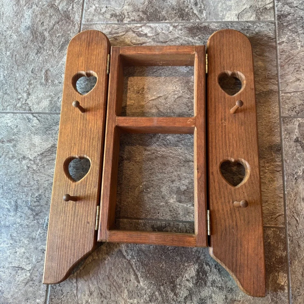 Cottagecore Vintage Wooden Wall Shelf Heart Cutouts Shutter Doors Handcrafted